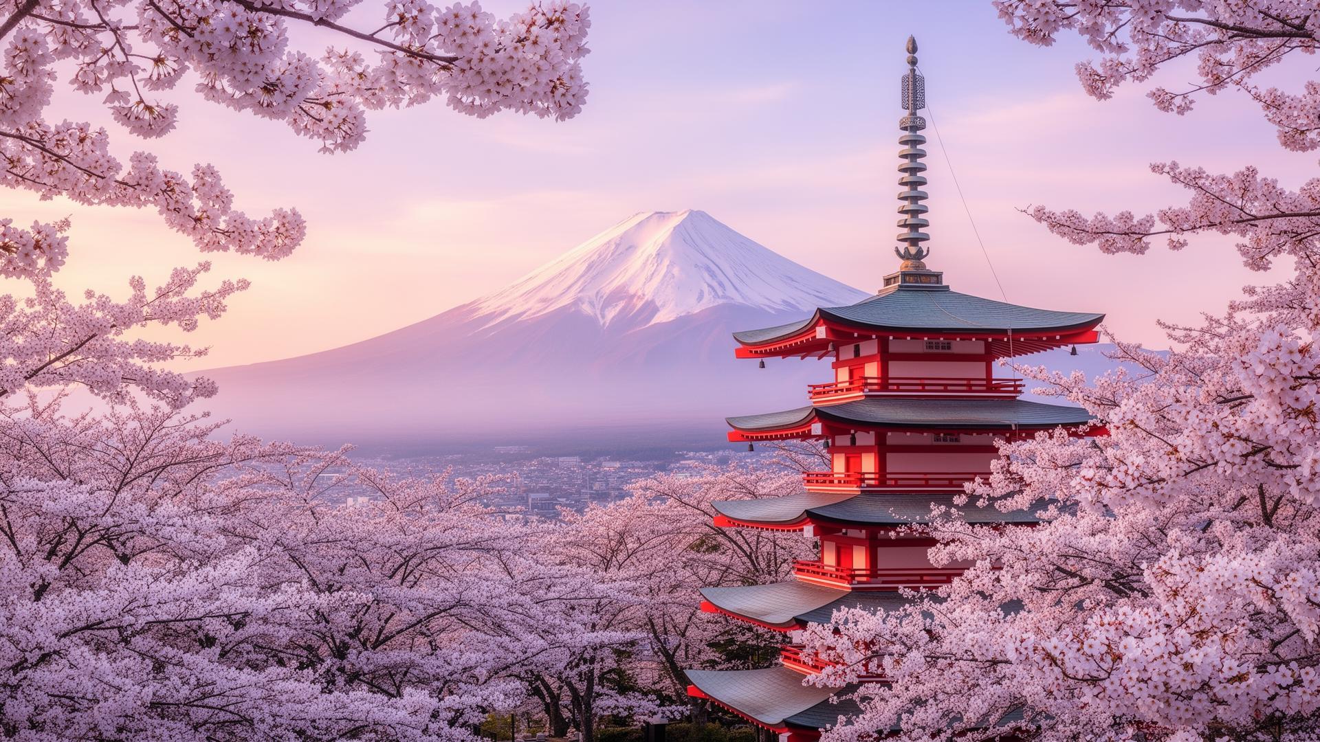 Monte Fuji ao amanhecer com pagode vermelho cercado por cerejeiras em flor